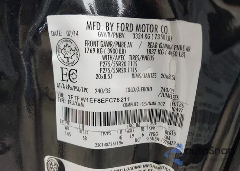 2014 Ford F-150 Fx4 из США, поврежденный, VIN 1FTFW1EF8EFC78211